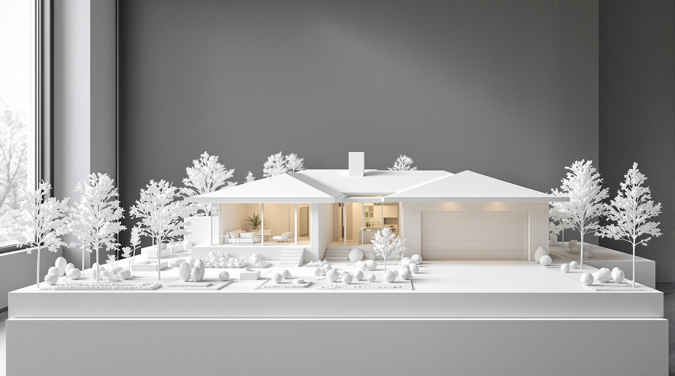 A white architectural scale model of a low suburban house among paper trees on a museum plinth, its lit miniature interior glowing, beside a tall gallery window